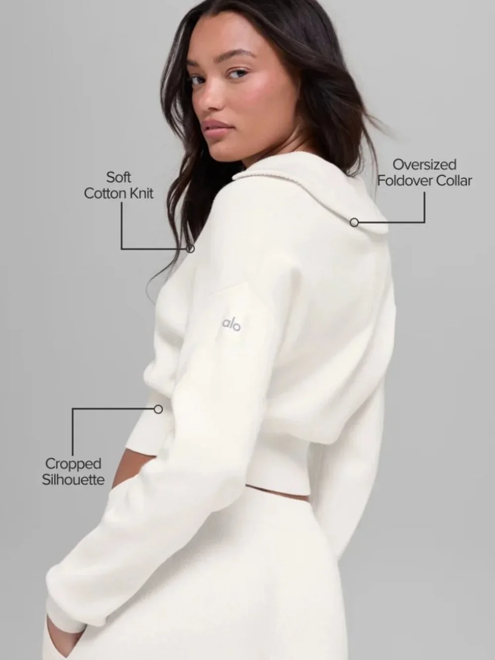 ALO Yoga Scholar Knit Cropped Full Zip Jacket - Size Small - Ivory - Like New